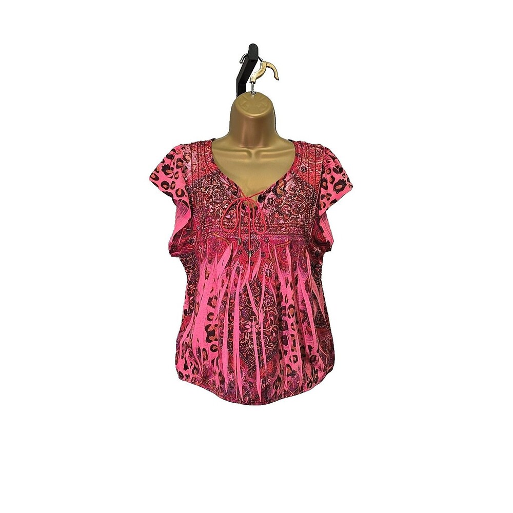 Vtg One World Pink Top Womens Med Y2K Paisley Embroidered Beaded Indie Boho Lace - Picture 8 of 8